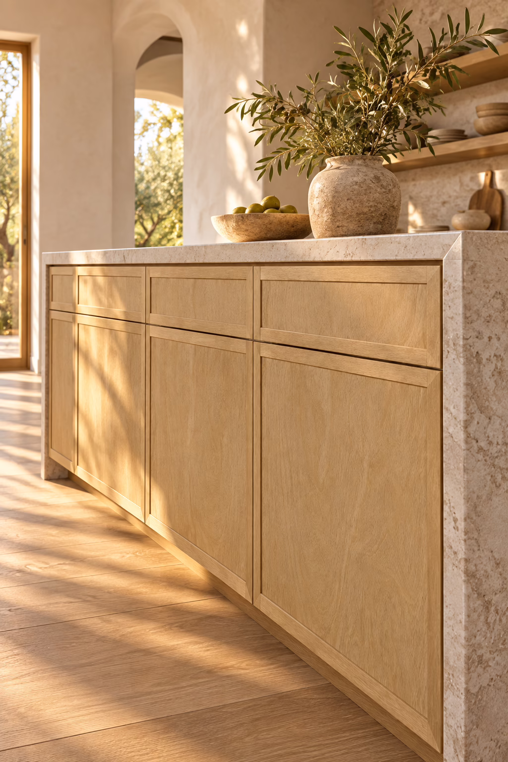 Warm kitchen with natural wood tones