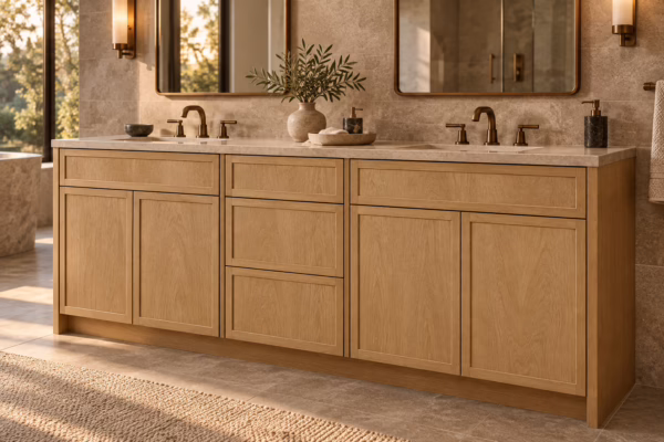 Elegant oak double vanity with mirrors