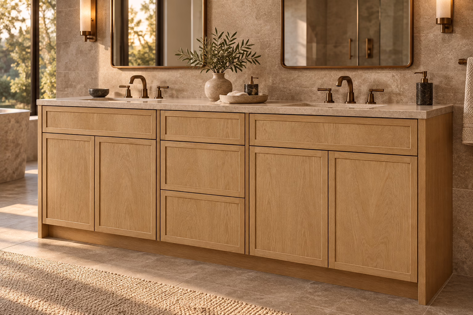 Elegant oak double vanity with mirrors