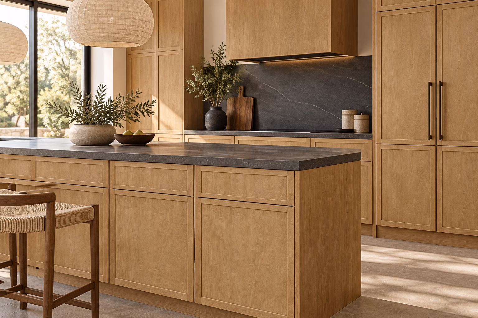 Modern kitchen with honey oak cabinetry