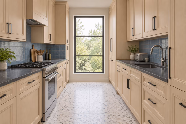 Light wheat galley kitchen with blue tile