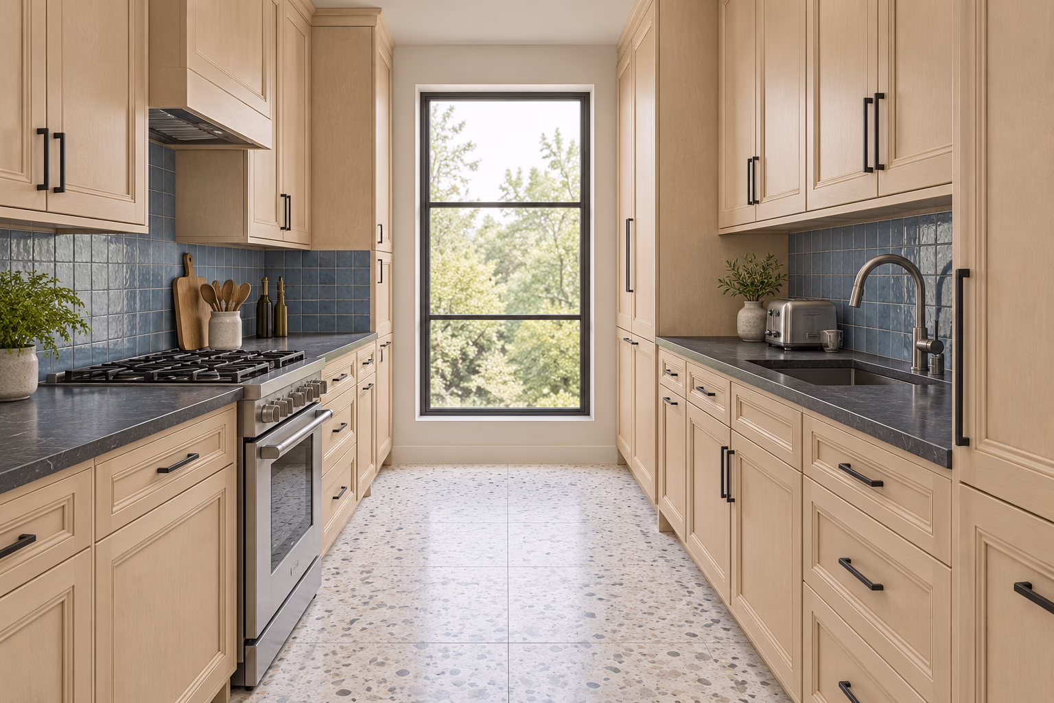 Light wheat galley kitchen with blue tile