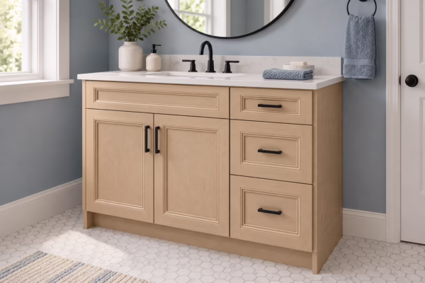 Light wheat vanity in a blue bathroom