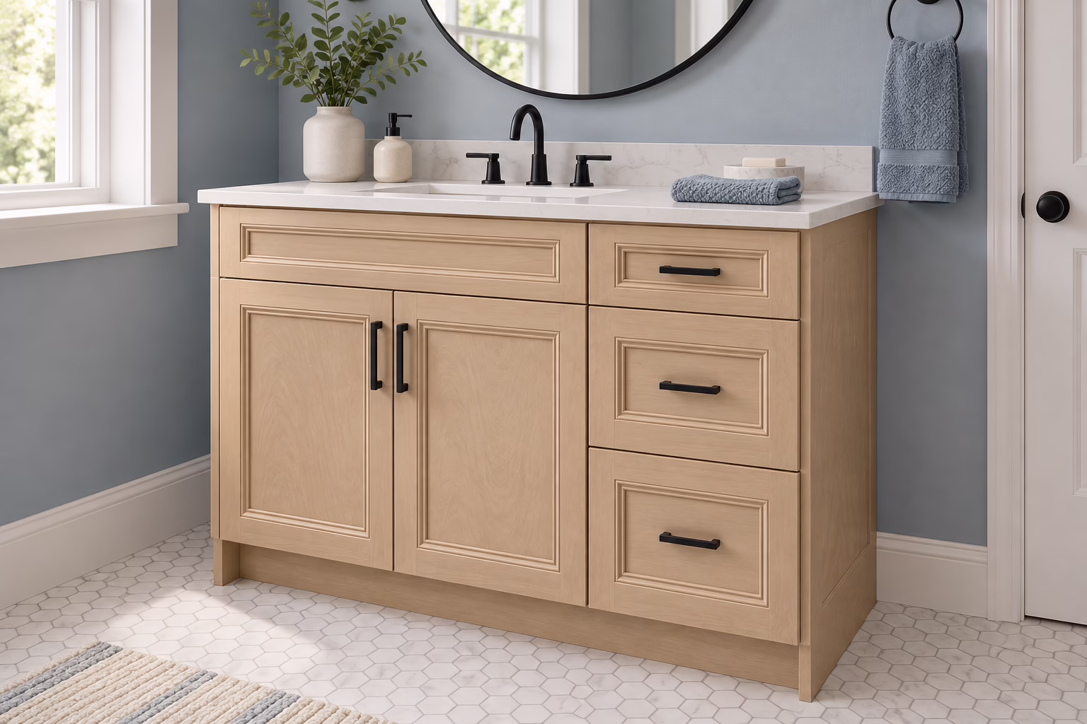 Light wheat vanity in a blue bathroom