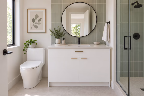 Matte white bathroom vanity in sage green tiled bathroom with black hardware by Modernform Cabinets & Closets in Carrollton TX