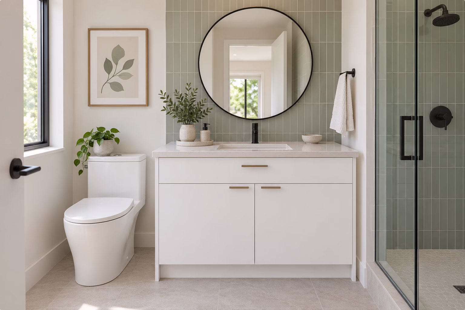 Matte white bathroom vanity in sage green tiled bathroom with black hardware by Modernform Cabinets & Closets in Carrollton TX