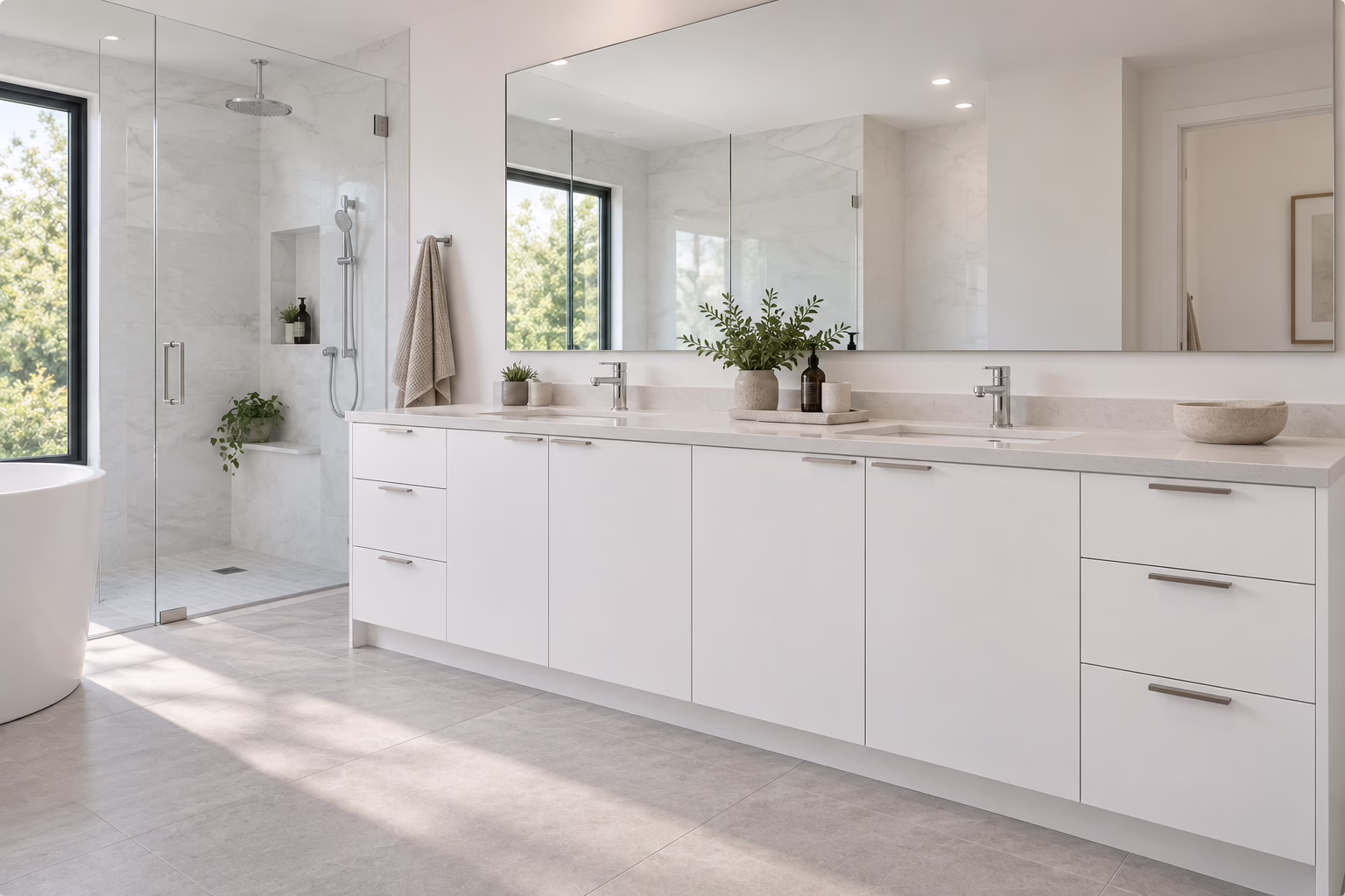 Modern matte white European frameless bathroom double vanity with quartz countertop by Modernform Cabinets & Closets in Carrollton TX