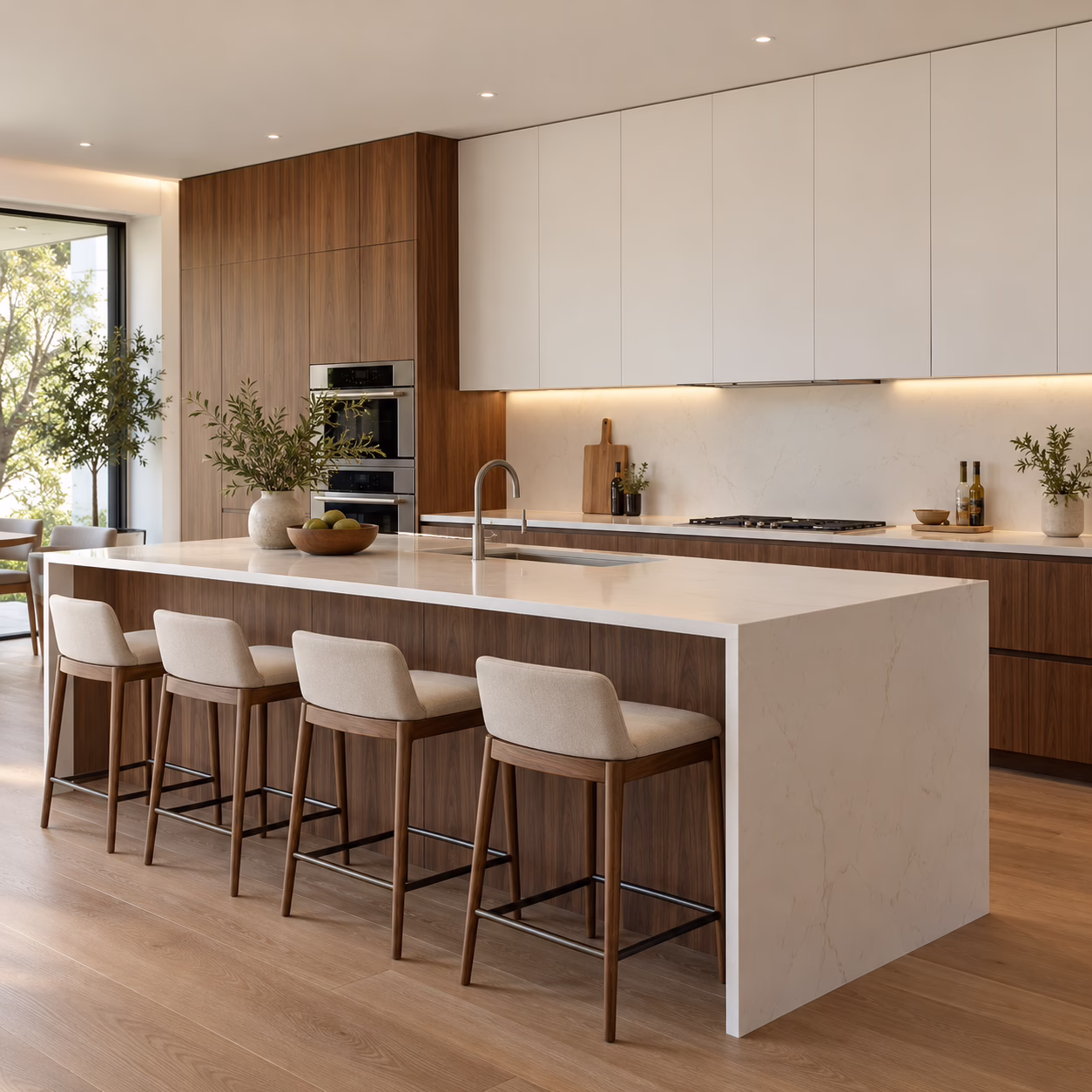 Modern European frameless kitchen featuring a dark walnut island with a white waterfall marble countertop, barstool seating, and matte white upper cabinets.