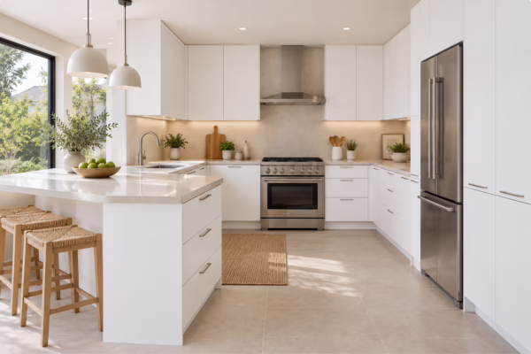 Matte white European frameless U-shaped kitchen cabinets with breakfast bar peninsula by Modernform Cabinets & Closets in Carrollton TX