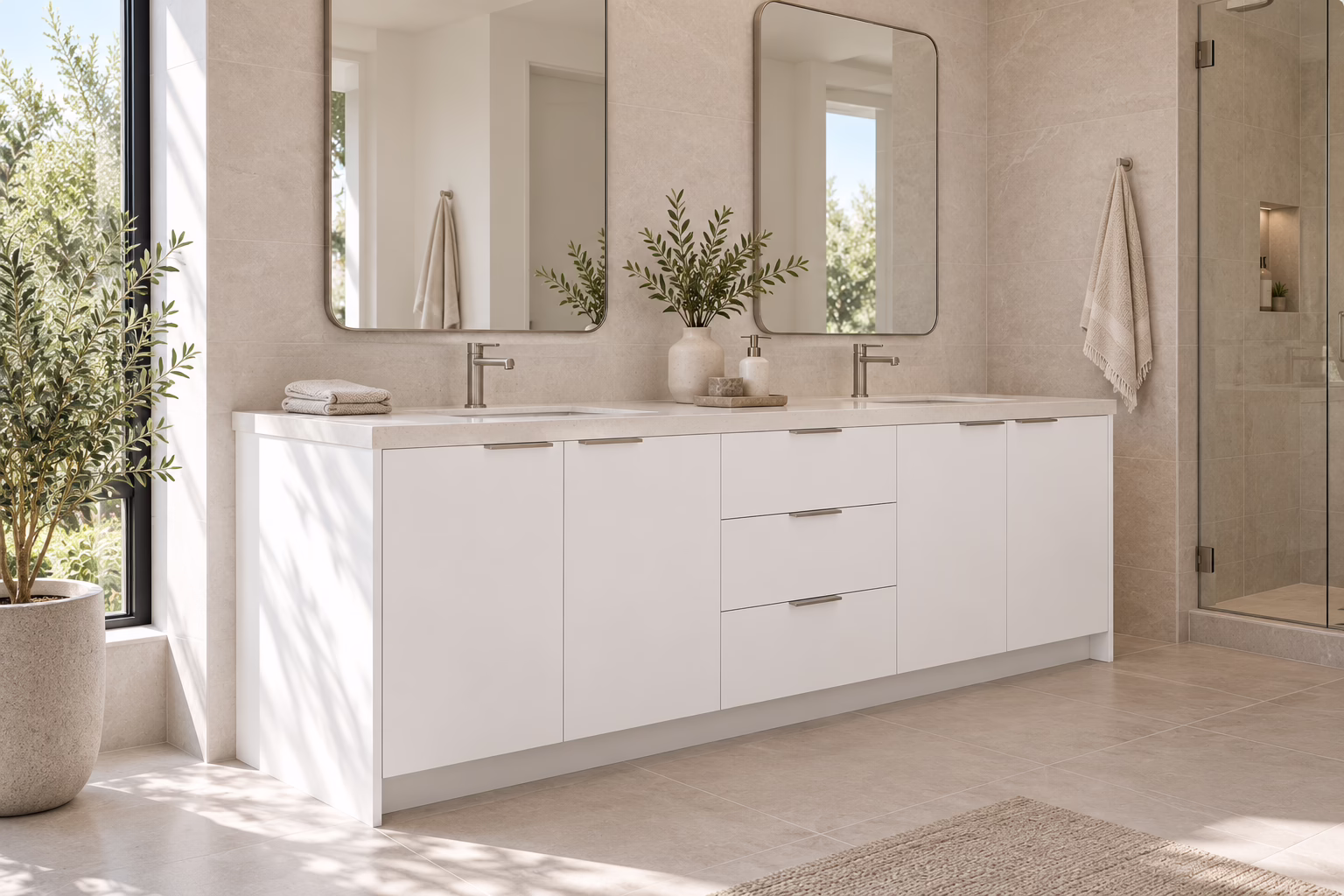 Modern matte white European frameless bathroom double vanity with quartz countertop and wall-mounted mirrors by Modernform Cabinets & Closets in Carrollton TX