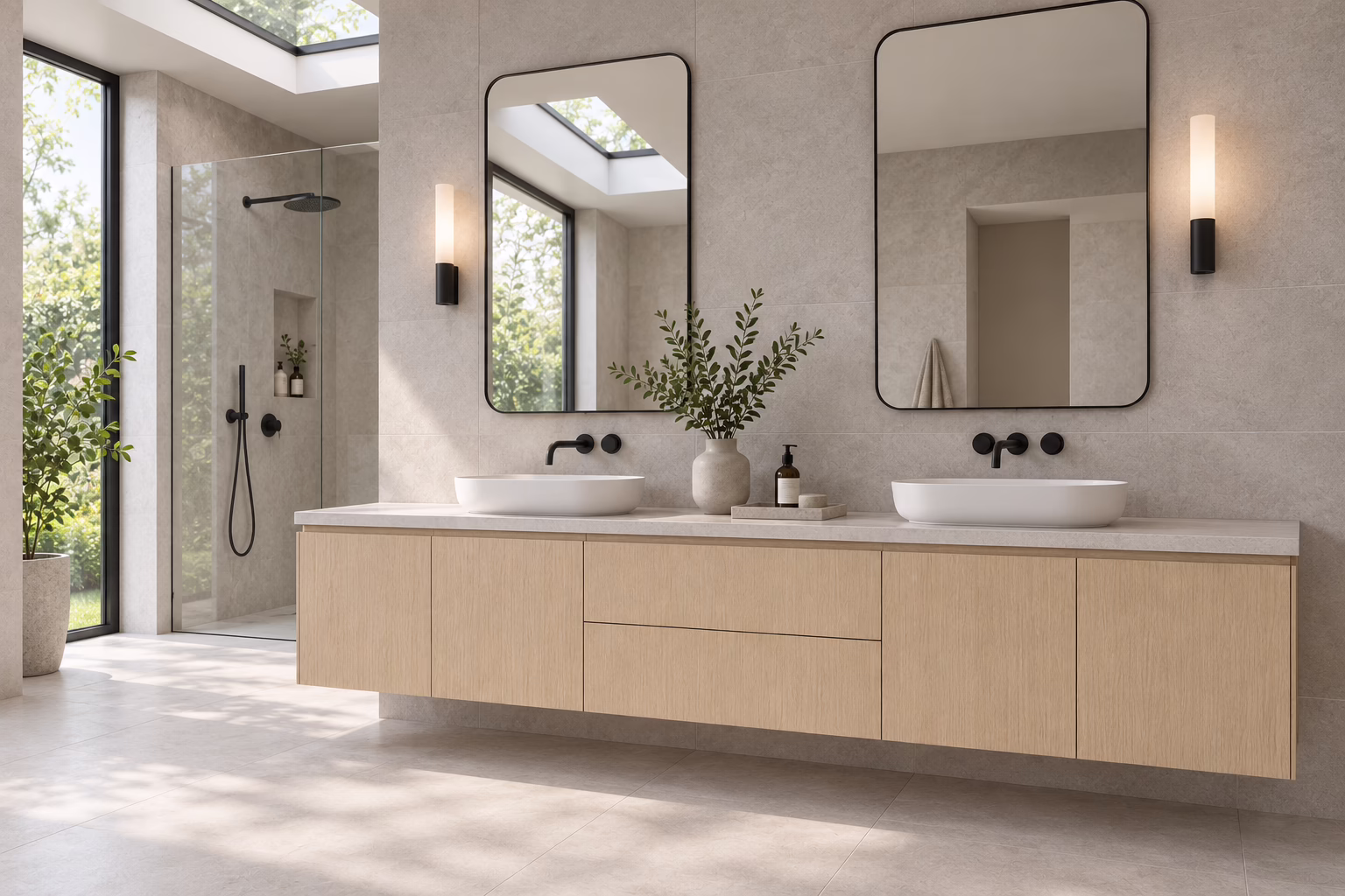 Modern natural oak European frameless floating double vanity with integrated white vessel sinks, twin black-framed arch mirrors, and sleek wall-mounted faucets in a Carrollton home.