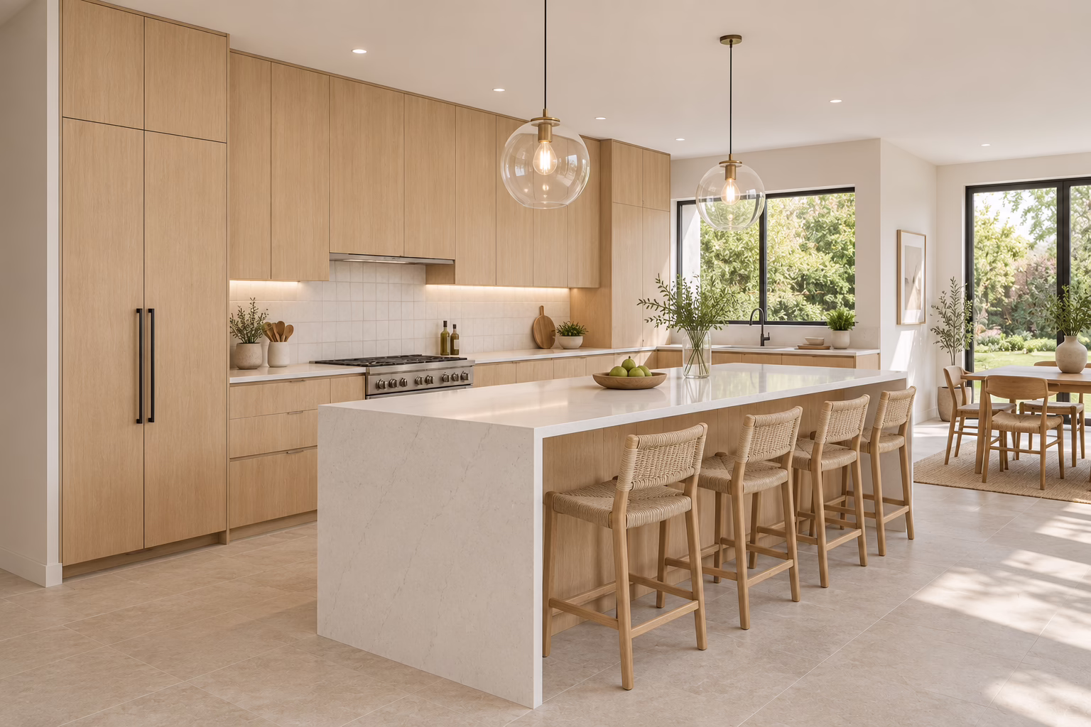 Modern natural oak European frameless kitchen cabinets featuring a quartz waterfall island with woven counter stools, built-in pantry storage, and globe pendant light in a Carrollton home.
