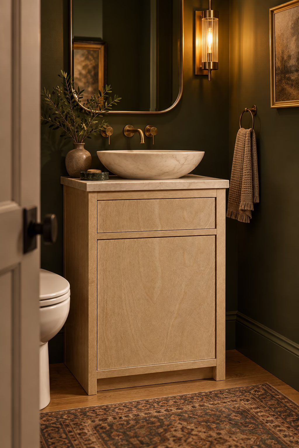 Elegant bathroom with natural oak vanity.