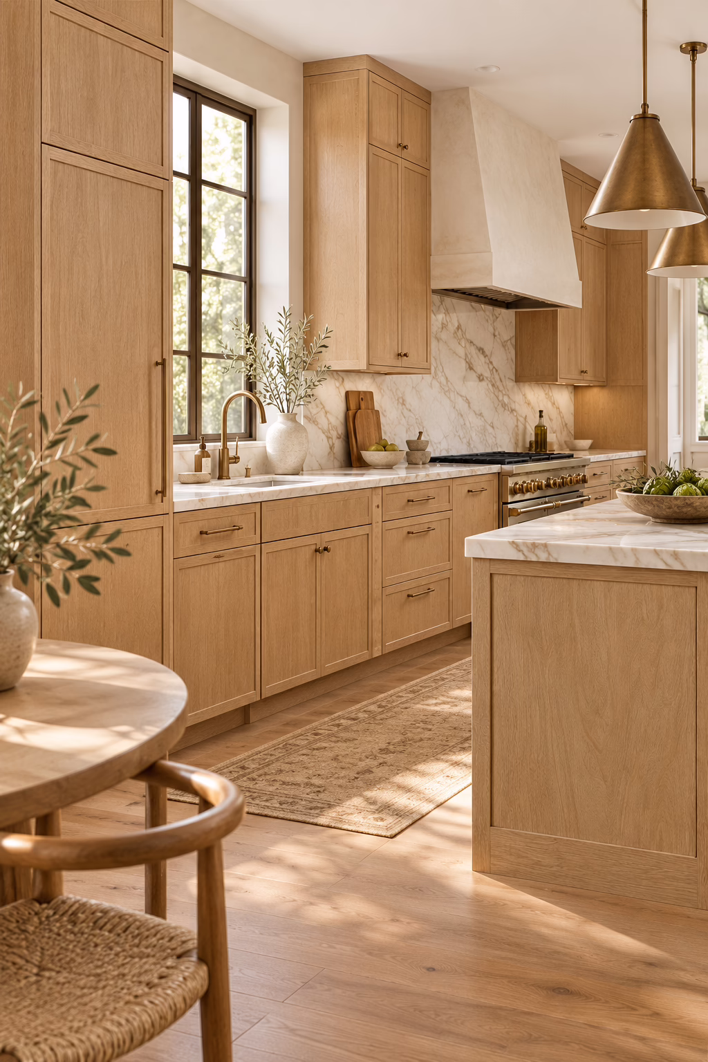 Bright, modern kitchen with oak cabinetry.