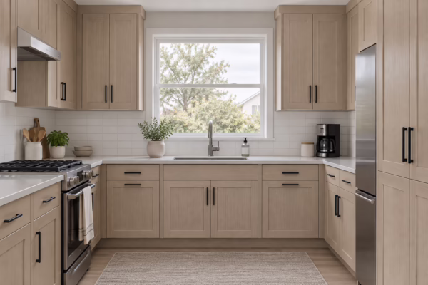 Modern kitchen with light wood cabinetry