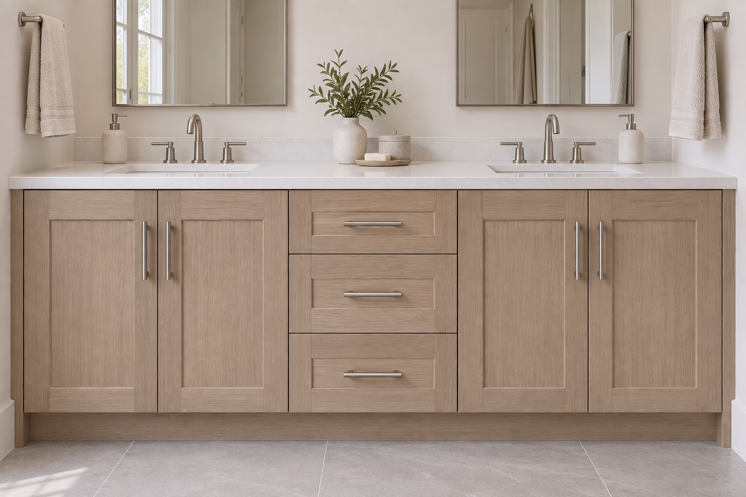 Modern double vanity with natural wood