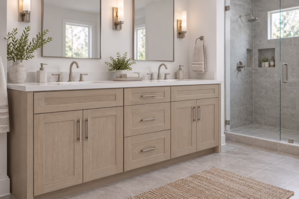 Modern bathroom with double vanity.