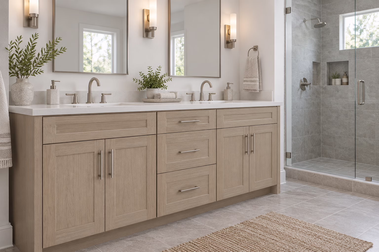 Modern bathroom with double vanity.