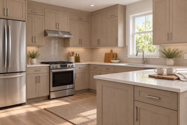 Modern kitchen with light wood cabinetry