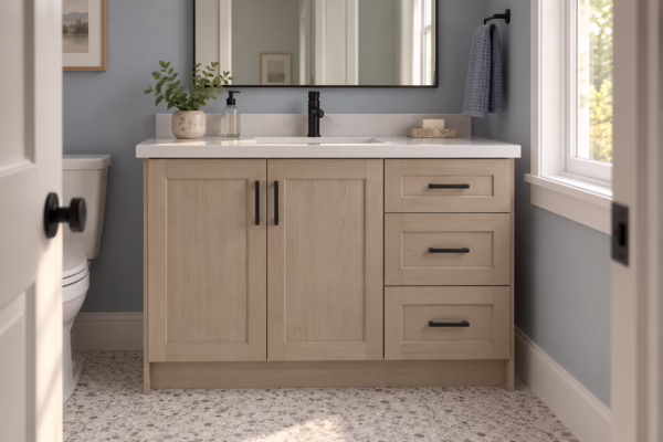 Modern bathroom vanity with natural wood