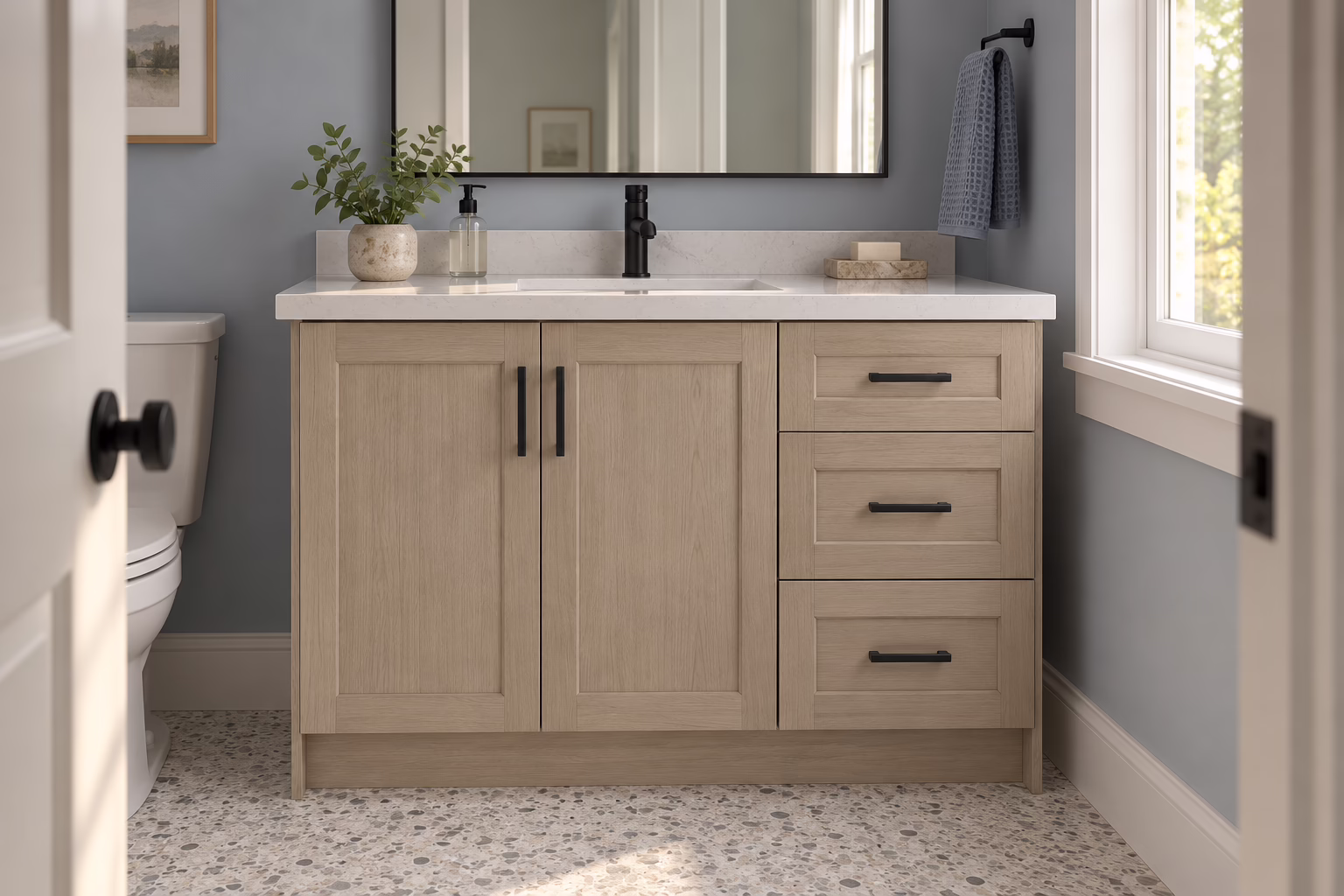 Modern bathroom vanity with natural wood