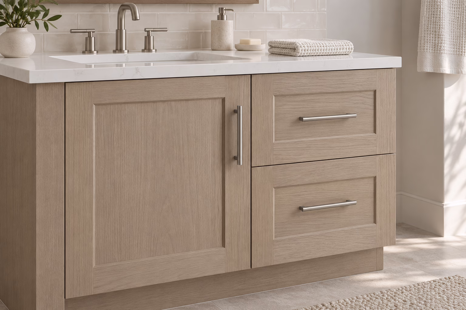 Modern wooden bathroom vanity with drawers