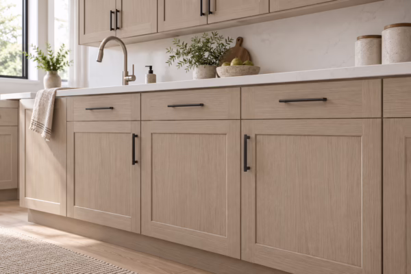 Modern kitchen with light wood cabinetry