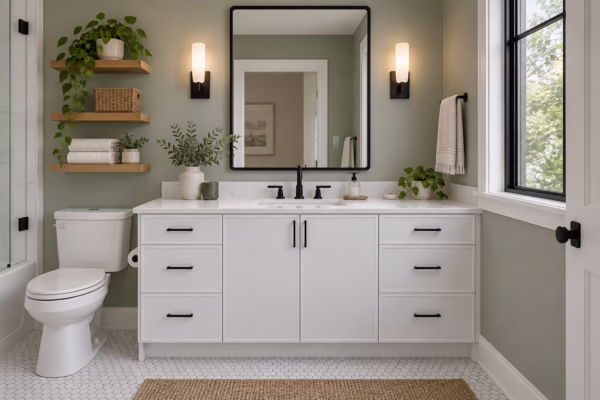 Bright bathroom with sage green walls featuring a dove white slim shaker single-sink bathroom vanity with white quartz countertop, black hardware, black-framed mirror, and floating wooden shelves over the toilet