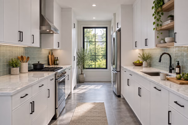 Sunlit galley kitchen featuring white slim shaker cabinetry with black slim handles, white quartz countertops, sage green tile backsplash, stainless steel gas range, and a large end window