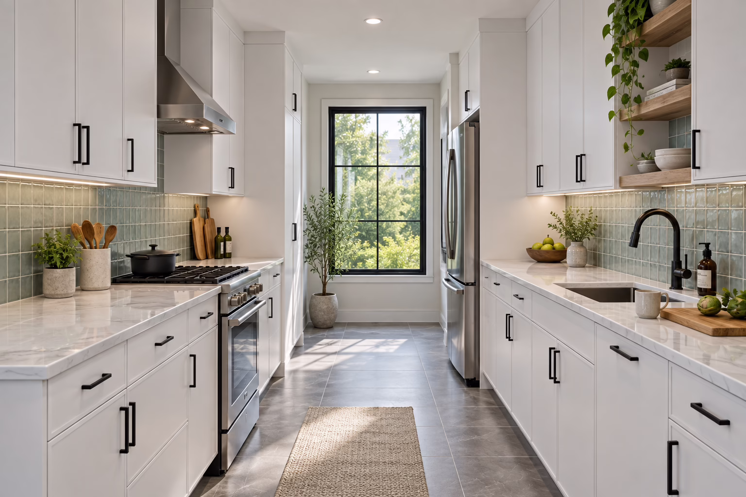 Sunlit galley kitchen featuring white slim shaker cabinetry with black slim handles, white quartz countertops, sage green tile backsplash, stainless steel gas range, and a large end window