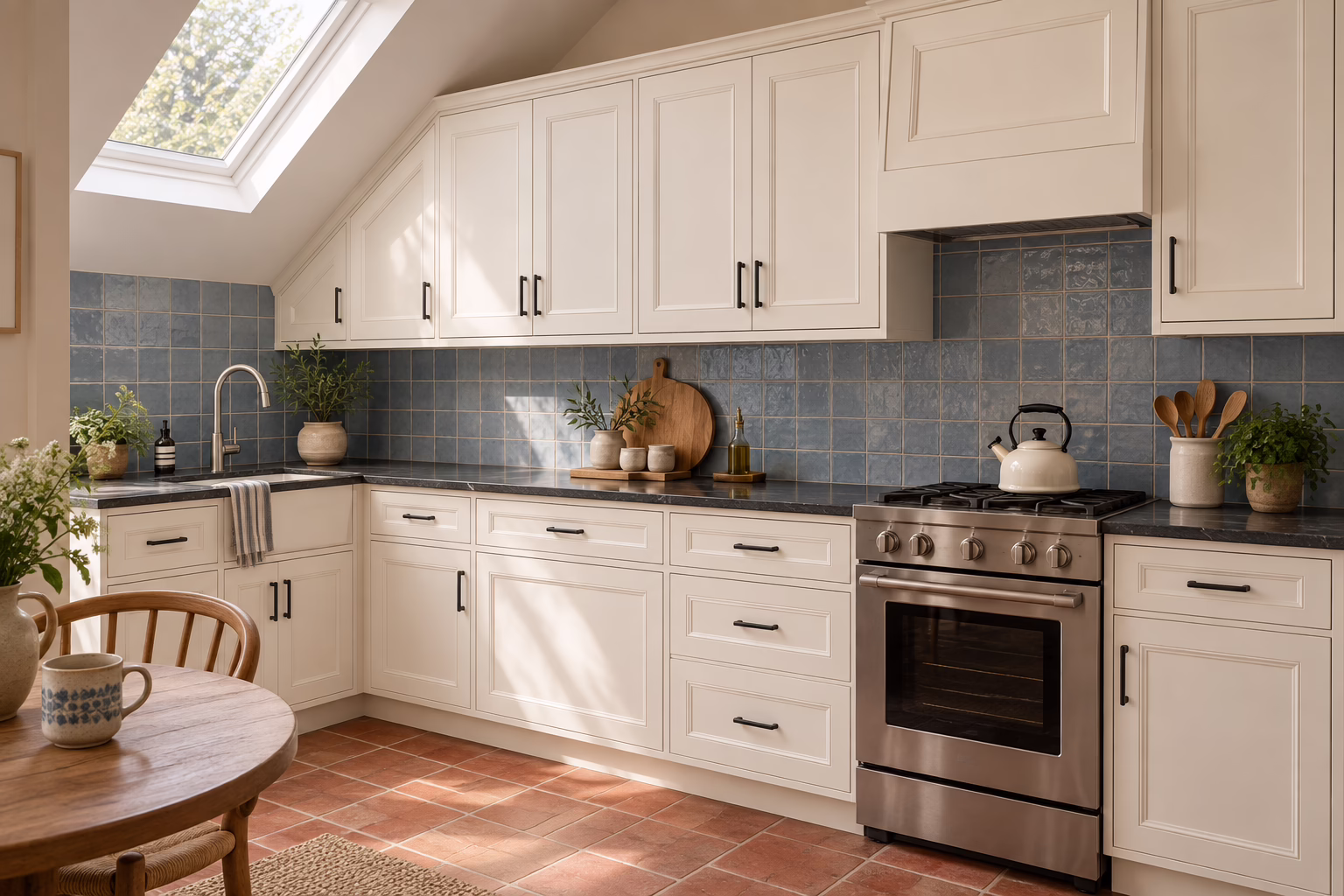 Skylit alpine alabaster cottage kitchen with shaker-style cabinets, blue tile backsplash, dark countertops, and a wooden dining table