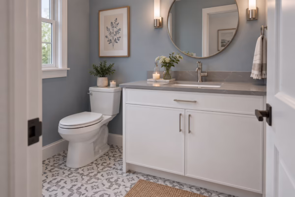 Dove white slim-shaker single bathroom vanity featuring a gray quartz countertop, brushed metal slim handles, round gold-framed wall mirror, and patterned tile flooring in a blue powder room