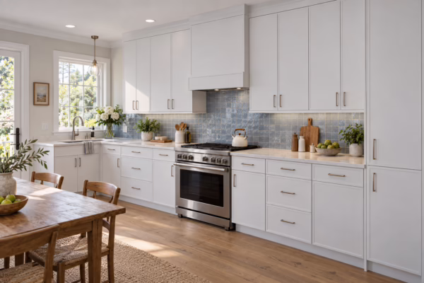Bright cottage-style kitchen featuring white slim-shaker cabinets, blue-gray glossy tile backsplash, stainless steel range oven, quartz countertops, and a wooden dining table with chairs under natural window light
