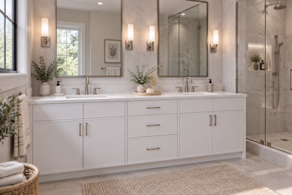 Bright bathroom featuring a slim dove white shaker double-sink vanity with light stone countertop, brushed nickel handles, twin rectangular mirrors, vertical wall sconces, and a glass-door walk-in shower