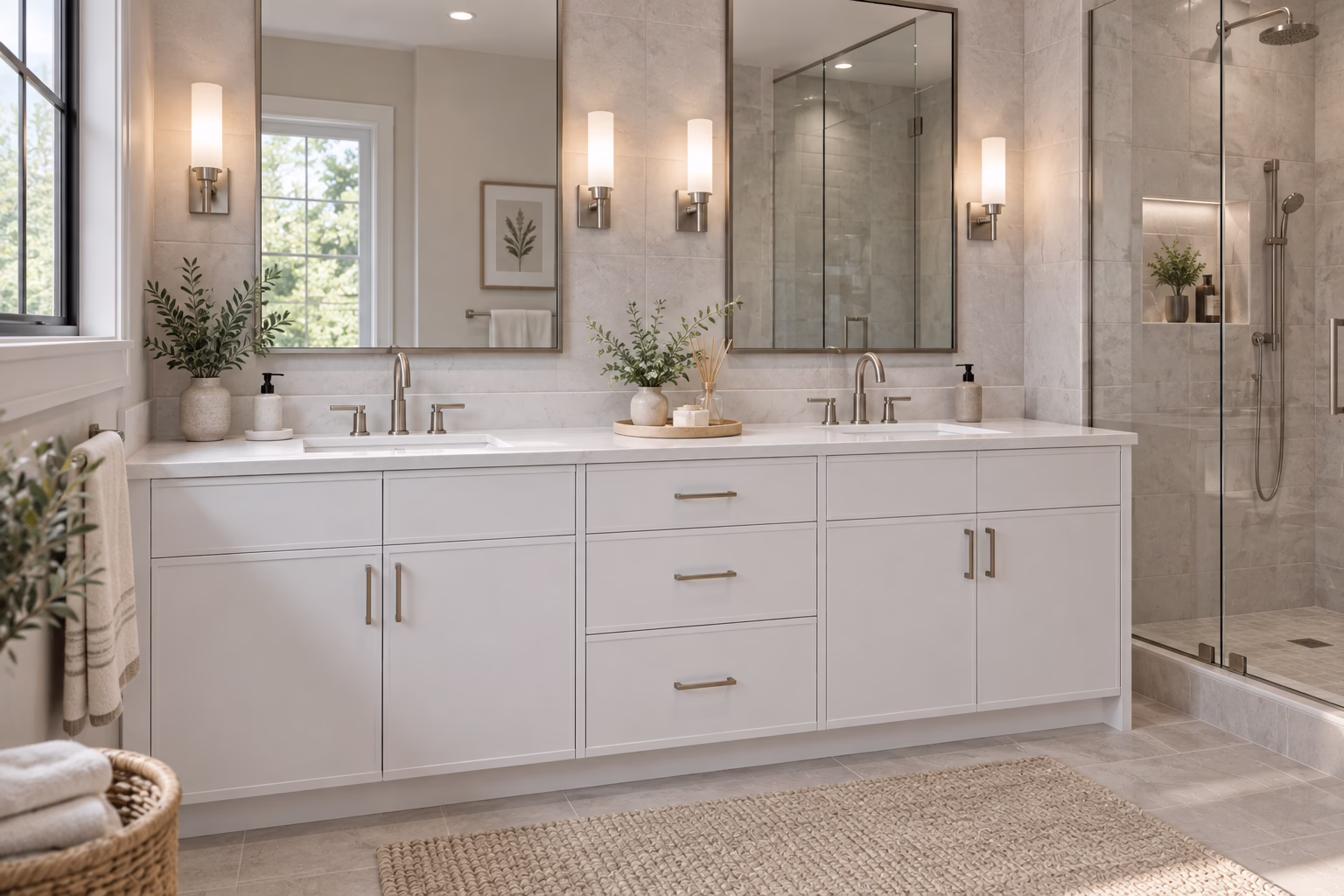 Bright bathroom featuring a slim dove white shaker double-sink vanity with light stone countertop, brushed nickel handles, twin rectangular mirrors, vertical wall sconces, and a glass-door walk-in shower