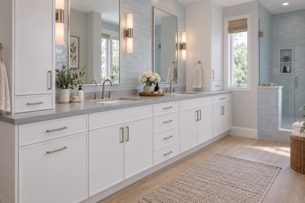 Spacious bathroom featuring a slim dove white shaker double vanity with gray-veined quartz countertop, brushed nickel handles, dual mirrors, and light blue tile accents with a walk-in shower