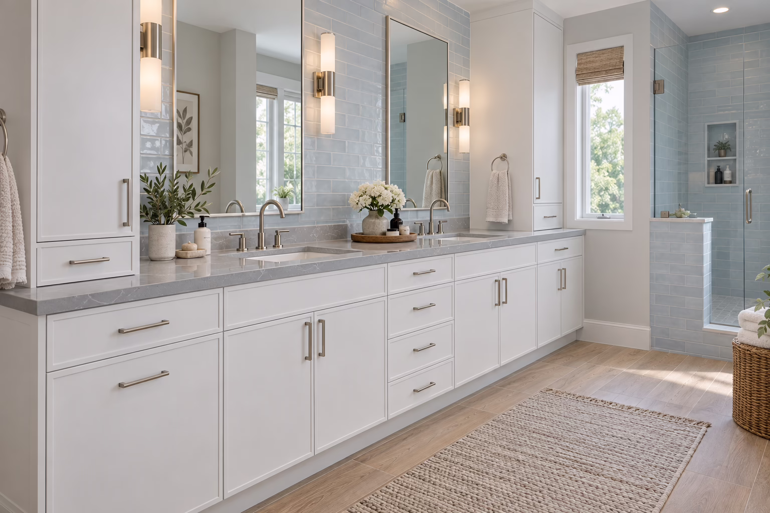 Spacious bathroom featuring a slim dove white shaker double vanity with gray-veined quartz countertop, brushed nickel handles, dual mirrors, and light blue tile accents with a walk-in shower