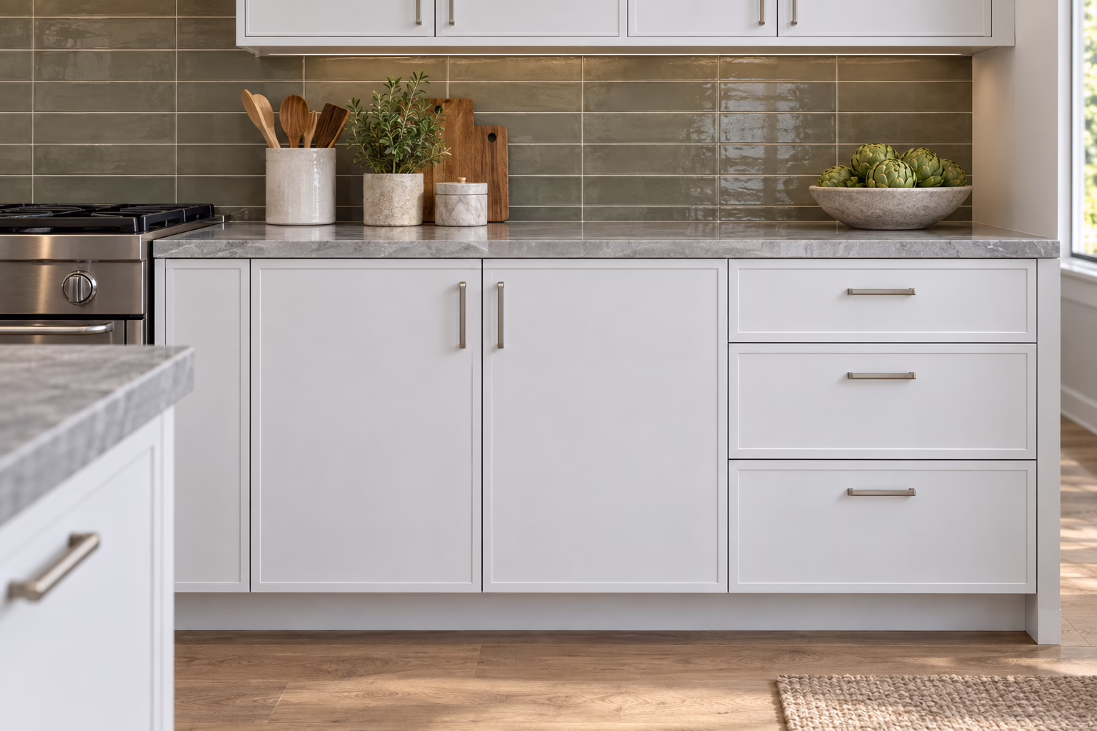 Close-up of white slim-shaker kitchen base cabinets with brushed metal handles, white quartz countertops, light wood floors, and an olive green subway tile backsplash with decorative utensils and artichokes