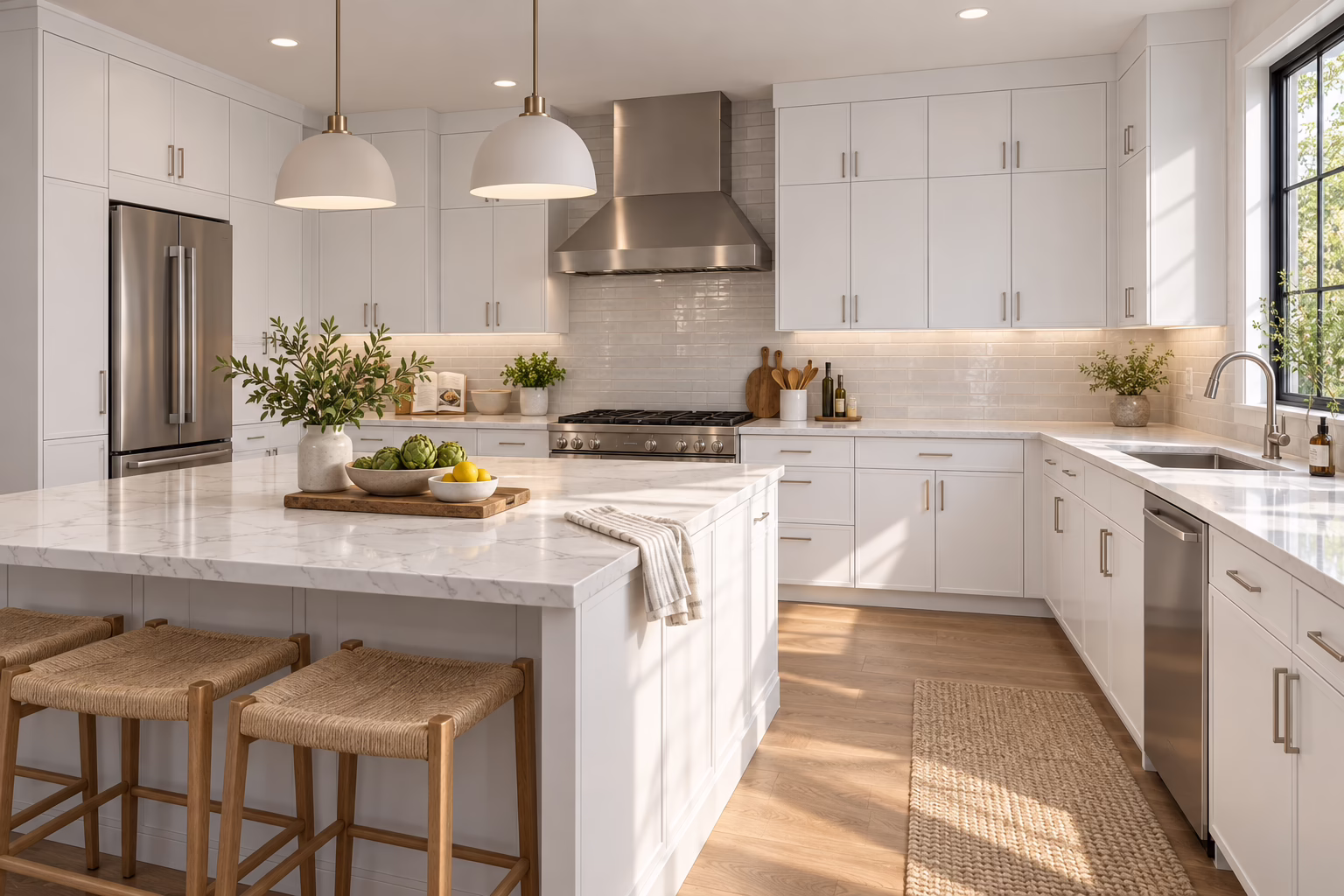 Sunlit L-shaped kitchen featuring white slim-shaker cabinetry, marble-look quartz countertops, a kitchen island peninsula with woven barstools, brushed brass pendant lights, stainless steel range hood, and under-cabinet LED lighting