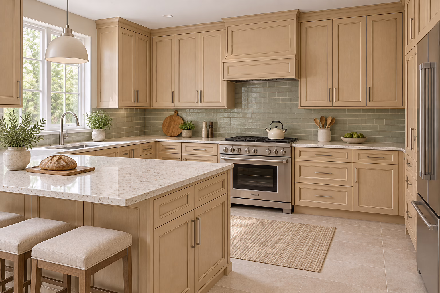 Sunlit Light-Wheat Kitchen with Peninsula