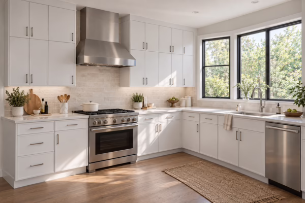 Sunlit L-shaped kitchen featuring dove white ultra-slim shaker cabinetry, stainless steel range and dishwasher, quartz countertops, tile backsplash, and large corner windows overlooking trees