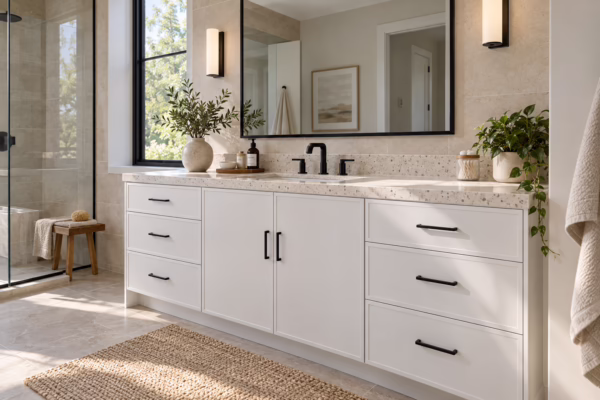Sunlit bathroom featuring a long slim dove white shaker single-sink vanity with terrazzo quartz countertop, black slim bar handles, black faucet, wall sconces, and a large black-framed rectangular mirror