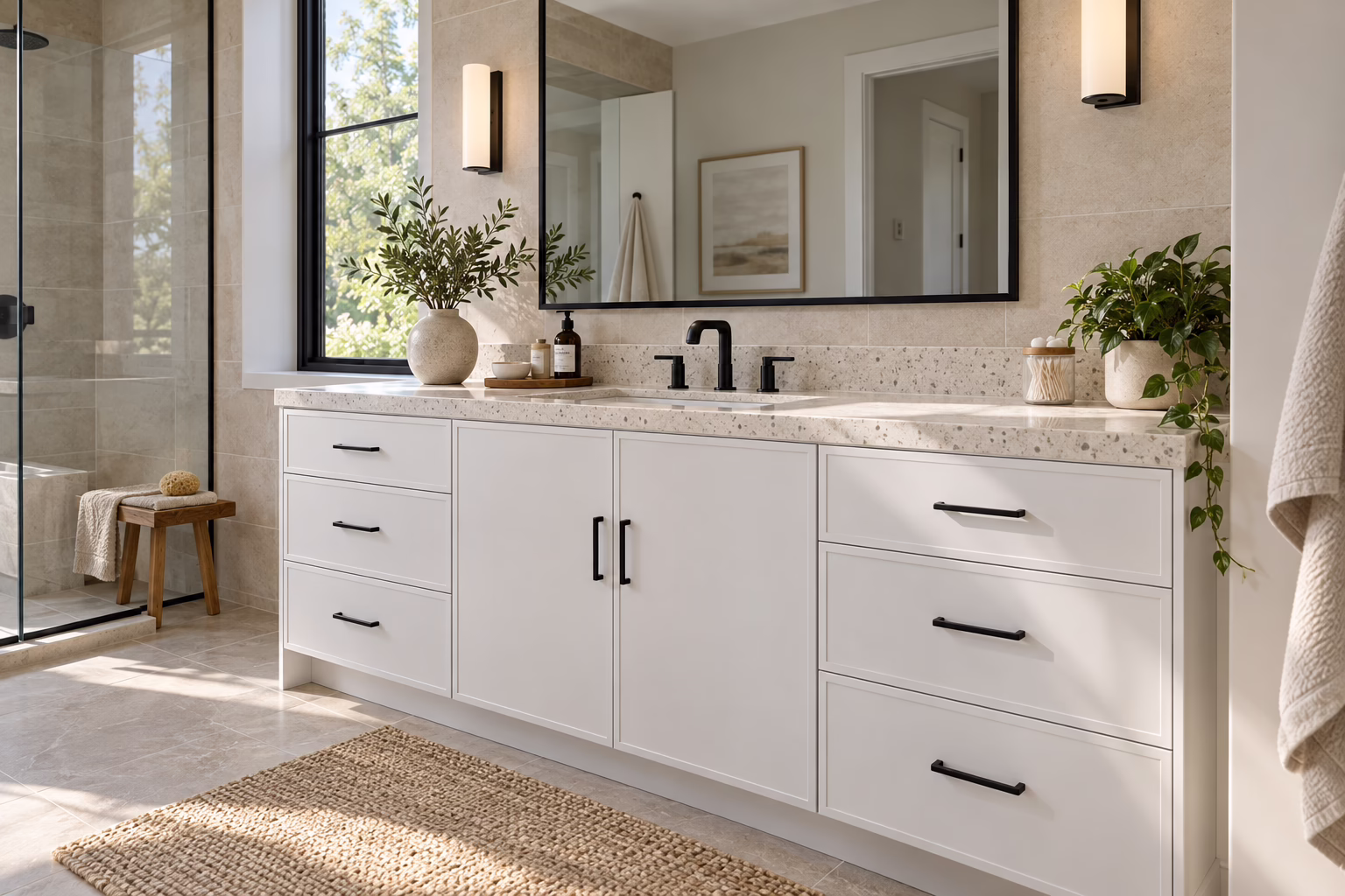 Sunlit bathroom featuring a long slim dove white shaker single-sink vanity with terrazzo quartz countertop, black slim bar handles, black faucet, wall sconces, and a large black-framed rectangular mirror