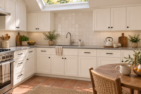 Sunlit cottage kitchen with dove white shaker-style cabinets, quartz countertops, tile backsplash, and a wooden dining table