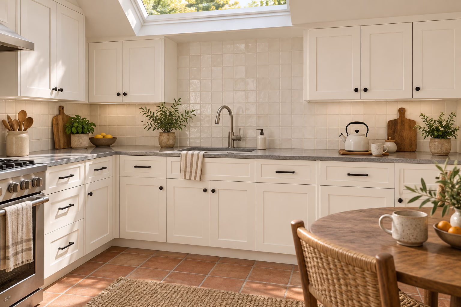 Sunlit cottage kitchen with dove white shaker-style cabinets, quartz countertops, tile backsplash, and a wooden dining table