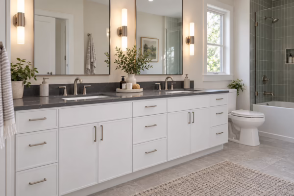 Sunlit bathroom featuring a slim dove white shaker double-sink vanity with dark quartz countertop, brushed nickel handles, twin rectangular mirrors, vertical wall sconces, and a glass door tile shower