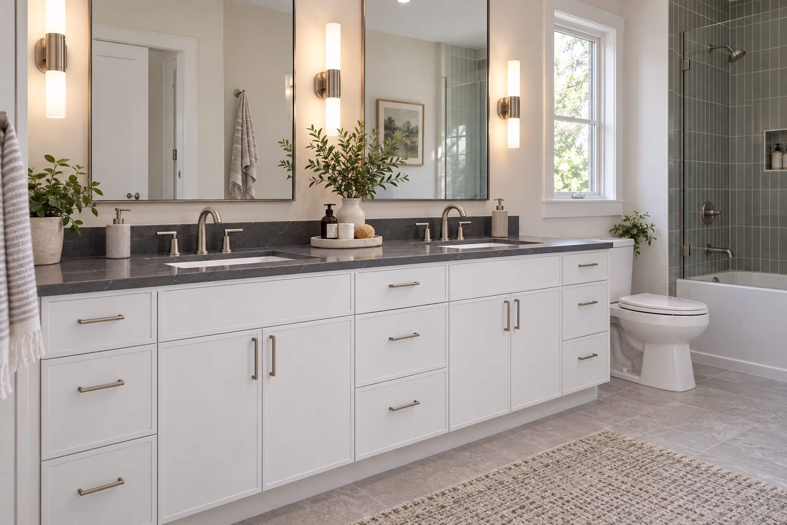 Sunlit bathroom featuring a slim dove white shaker double-sink vanity with dark quartz countertop, brushed nickel handles, twin rectangular mirrors, vertical wall sconces, and a glass door tile shower