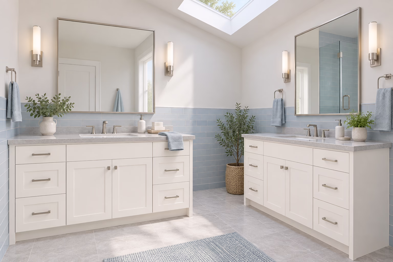 Twin dove white shaker bathroom vanities with quartz countertops, dual mirrors, and blue tile walls in a sunlit bathroom