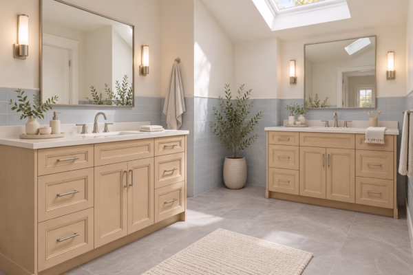 Twin Wheat Vanities in a Skylit Bathroom