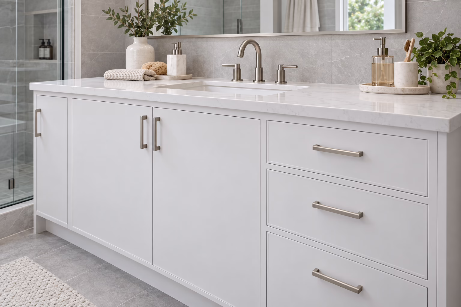 White slim shaker single bathroom vanity featuring a quartz countertop, brushed nickel handles, three stack drawers, nickel gooseneck faucet, and large rectangular mirror in a modern bathroom